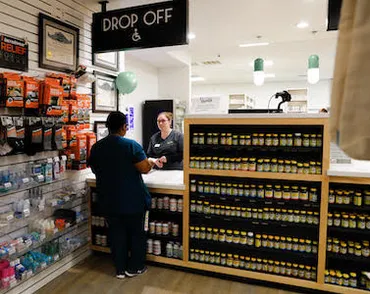 Prescription pickup counter at Economy Pharmacy